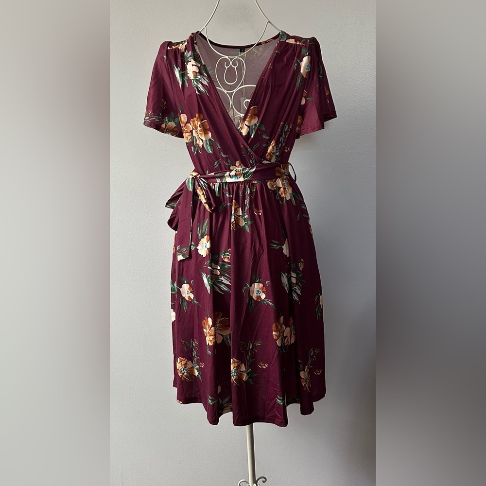 Floral Faux Wrap Dress in Burgundy